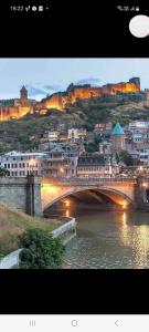 a bridge over a river with a city at Natali Apartment in Tbilisi City