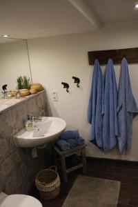 La salle de bains est pourvue d'un lavabo, de toilettes et de serviettes bleues. dans l'établissement Haus Buckaroo – Rancho el Rosal, à Bad Mergentheim