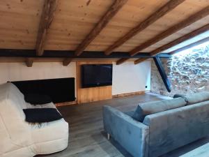 a living room with a couch and a flat screen tv at Les étoiles de Bevy Gîtes in Lajoux