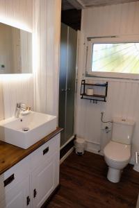 a bathroom with a sink and a toilet and a window at Ferienhaus Bergblick in Meschede