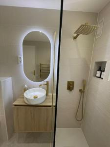 a bathroom with a sink and a mirror at Charmant studio (plage, Monaco) in Roquebrune-Cap-Martin +9 photos