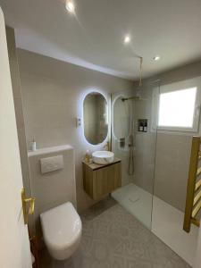 a bathroom with a toilet and a sink and a mirror at Charmant studio (plage, Monaco) in Roquebrune-Cap-Martin