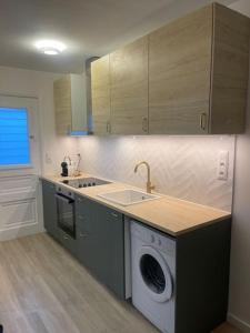 a kitchen with a sink and a washing machine at Charmant studio (plage, Monaco) in Roquebrune-Cap-Martin