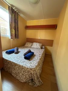 una piccola camera da letto con un letto con cuscini blu sopra di LA ALMADRABA del Palmar de Vejer II a El Palmar