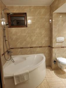 a bathroom with a tub and a toilet at Pensiunea Denim in Şelimbăr +28 photos