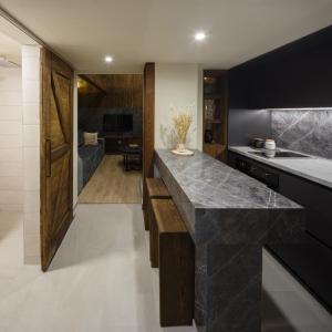 eine Küche mit schwarzen Arbeitsflächen und einer Arbeitsplatte in der Unterkunft Wood cabin Kolasin in Kolašin