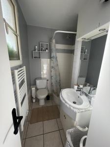 a small bathroom with a sink and a toilet at Chez Jules in Honfleur