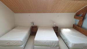 Cette chambre comprend 2 lits dans une chambre dotée de murs blancs et de plafonds en bois. dans l'établissement La Louisiane, à Cour-Cheverny