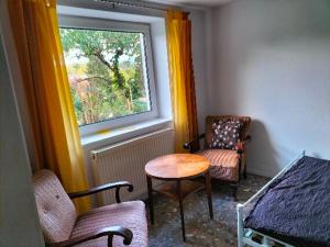 une chambre avec une table, une chaise et une fenêtre dans l'établissement Pension Rosenblick, à Mörlenbach