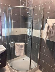 a shower with a glass door in a bathroom at Apartament w Wesołej in Warsaw