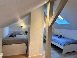 een slaapkamer op zolder met 2 bedden en een dakraam bij Le trésor de Khalis in Colmar