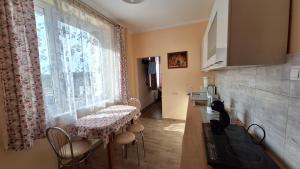 eine Küche mit einem Tisch und einer schwarzen Katze am Fenster in der Unterkunft Mieszkanko na peryferiach in Chrzanów