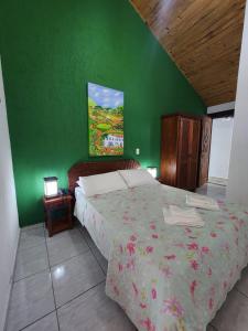 1 dormitorio con cama y pared verde en POUSADA CANA DO REINO, en Embu
