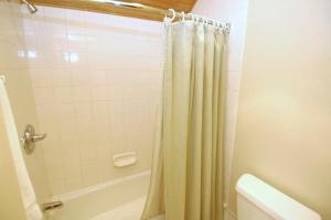 a bathroom with a shower curtain next to a tub at Independence Square 210, Beautiful Studio with Kitchenette, Great Location in Downtown Aspen in Aspen