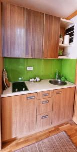 a kitchen with wooden cabinets and a sink at Planinska kuća II in Jahorina