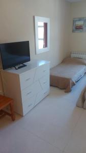 a bedroom with a desk with a television and a bed at Hotel Rural-Restaurante Los Olivos in Almería