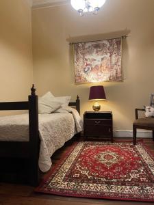 a bedroom with a bed and a rug and a lamp at Casa dos Leones in Santiago