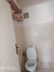 a small bathroom with a toilet and a shower at Bel appartement à 5min de la plage in Tangier