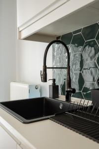 a black sink in a kitchen with a green wall at Athenian Classy 2BD Apt next to Metro Panepistimio in Athens