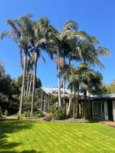 a house with palm trees in front of a yard at Kaingarua Retreat in Kerikeri