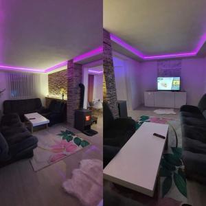 ein Wohnzimmer mit violetter Beleuchtung, einem Sofa und einem Tisch in der Unterkunft Vikendica OM relax in Prijedor