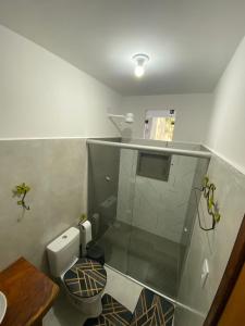 a small bathroom with a toilet and a shower at Chalés D'Lis in Lençóis