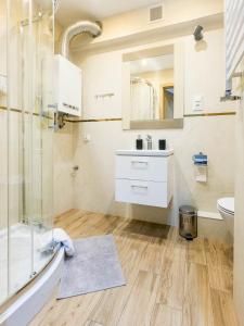 uma casa de banho com um chuveiro, um lavatório e um WC. em Apartament Sandomierski em Sandomierz