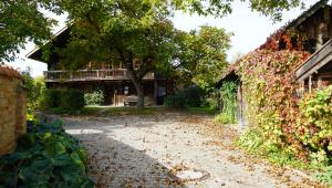 a yard with leaves on the ground in front of a house at Das Neukirchen Inn in Neuburg am Inn