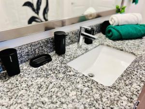 a bathroom counter with a sink and a mirror at Charming Home: 2BD/2BA in Kyle, TX! in Kyle