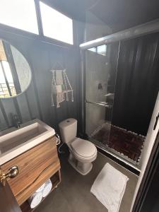 a bathroom with a toilet and a sink and a shower at Nomada Republic Hotel El valle in Antón