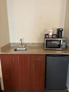 a kitchen counter with a microwave and a sink at Comfort Suites Linn County Fairground and Expo in Albany