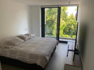 1 dormitorio con cama y ventana grande en Spectacular Apartament in La Dehesa with Private Rooftop, en Santiago