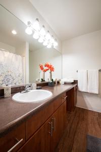 baño con lavabo y espejo grande en Luxurious stay near the beach, en Newport Beach