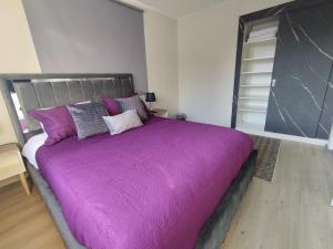 a bedroom with a large bed with a purple blanket at Costanera Bed & Breakfast in Santiago