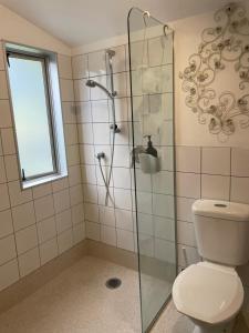 a bathroom with a toilet and a glass shower at Kaingarua Retreat in Kerikeri