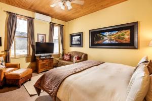 a bedroom with a bed and a flat screen tv at Independence Square Unit 309, Downtown Hotel Room with A/C in Aspen, Wet Bar & More in Aspen