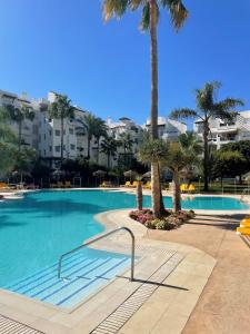 een groot zwembad met palmbomen en gebouwen bij Top floor spacious apartment with sea views in Costalita in Estepona
