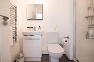 a bathroom with a toilet and a sink and a mirror at Entire 1 Bed - No. 45 - Free Parking - The Cosy Collection Ltd in York