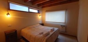 Schlafzimmer mit einem Bett und einem Fenster in der Unterkunft Cabaña Victoria I in San Martín de los Andes