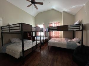a room with three bunk beds and a ceiling fan at MyCrib Houston Hostel in Houston