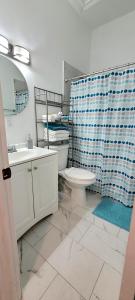 ein Bad mit einem WC und einem Duschvorhang in der Unterkunft Villa Las Palmeras South Miami in Miami