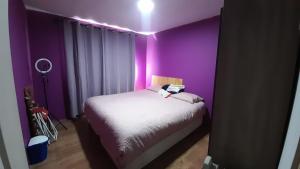 a bedroom with purple walls and a bed in it at Casa Loncoche Villarrica con 3 Dormitorios in Loncoche
