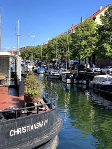 un gruppo di imbarcazioni ormeggiate in un porto turistico di Christianshavn Canalside Luxury Apartment a Copenaghen
