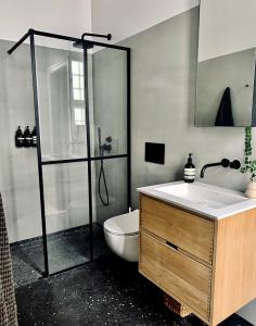a bathroom with a shower and a toilet and a sink at Christianshavn Canalside Luxury Apartment in Copenhagen