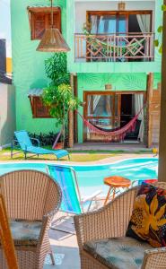 two images of a patio with chairs and a pool at Flats Hana Mana in São Miguel dos Milagres