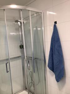 ducha con puerta de cristal y toalla azul en SylviaBo, en Skien