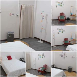 uma colagem de fotos de um quarto com uma cama e uma cadeira em Homestay Mẹ Khang villas,Camping,Glamping em Cu Chi