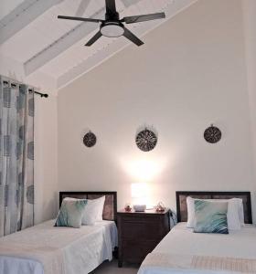 1 Schlafzimmer mit 2 Betten und einem Deckenventilator in der Unterkunft Sidona Suite: Hillview city vibes. Airport 15 mins. Attractions nearby in Montego Bay