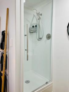 a shower with a glass door in a bathroom at Breezy Ocean - The perfect getaway in Mount Maunganui