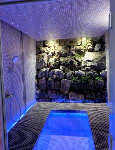 e bagno con parete in pietra e doccia. di Villa & Spa Mas des Oliviers a Châteauneuf